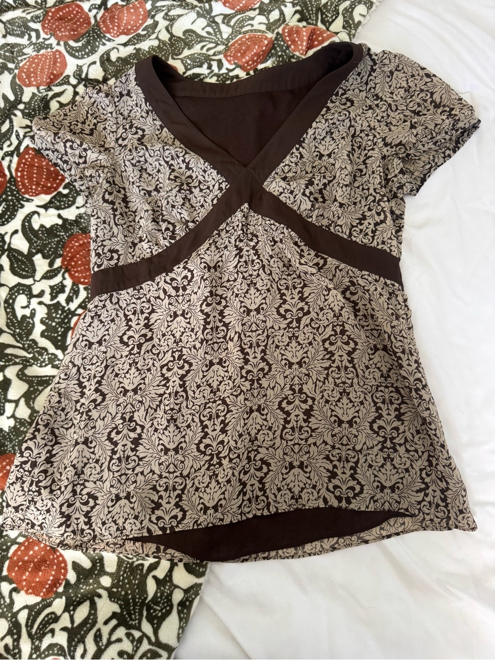 Brown and Cream Printed Vintage V-Neck Women's Top